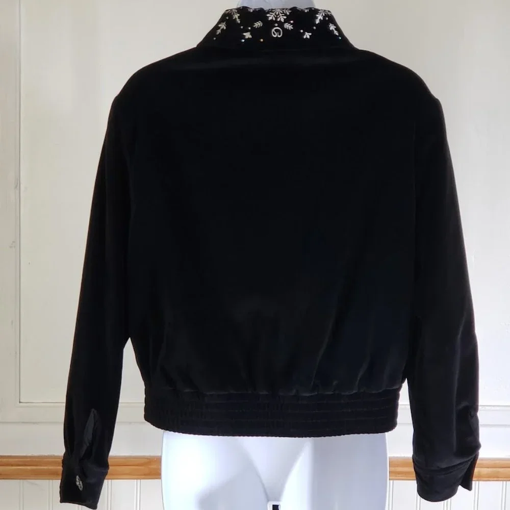 SOLD ST.JOHN SPORT Womens Bomber Jacket XS Black Velvet Embroidered Snowflake - Picture 4 of 12